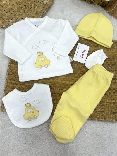 Bavullu Araba Nakışlı Yenidoğan Erkek Bebek 5li Zıbın Set