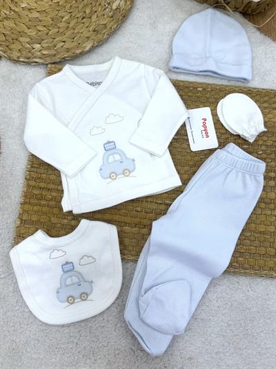 Bavullu Araba Nakışlı Yenidoğan Erkek Bebek 5li Zıbın Set