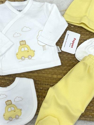 Bavullu Araba Nakışlı Yenidoğan Erkek Bebek 5li Zıbın Set