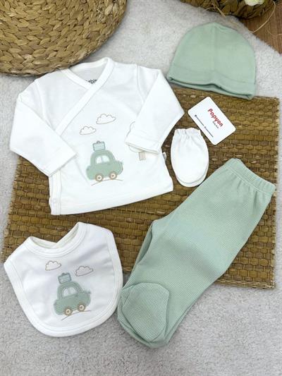 Bavullu Araba Nakışlı Yenidoğan Erkek Bebek 5li Zıbın Set