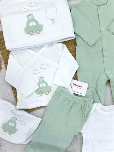 Bavullu Araba Nakışlı Yenidoğan Erkek Bebek 10lu Zıbın Set Hastane Çıkışı