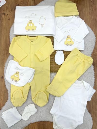 Bavullu Araba Nakışlı Yenidoğan Erkek Bebek 10lu Zıbın Set Hastane Çıkışı