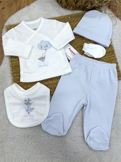 Bulut ve Kuş Nakışlı Yenidoğan Erkek Bebek 5li Zıbın Set