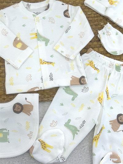 Safari Desenli Yenidoğan Erkek Bebek 5li Zıbın Set