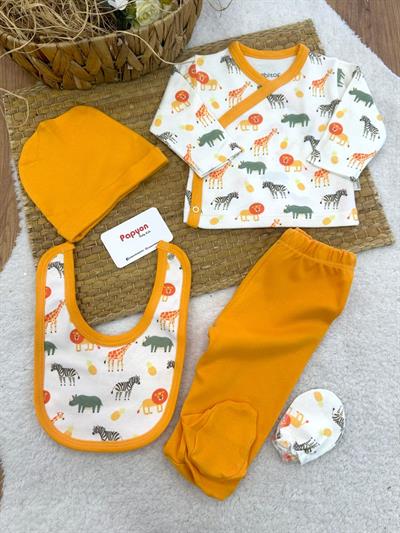 Safari Hayvanlar Desen Yenidoğan Erkek Bebek 5li Zıbın Set