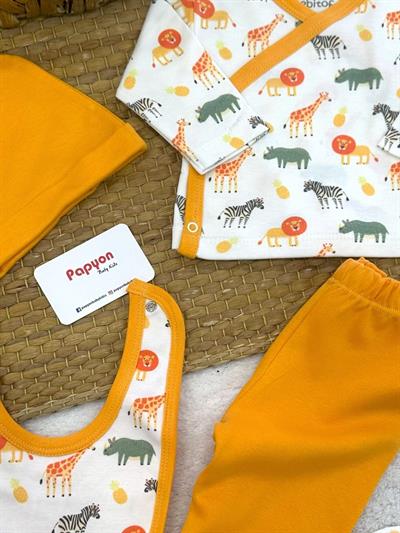 Safari Hayvanlar Desen Yenidoğan Erkek Bebek 5li Zıbın Set