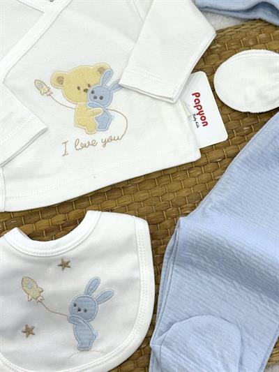 Sevimli Ayıcık Tavşan Nakışlı Yenidoğan Erkek Bebek 5li Zıbın Set
