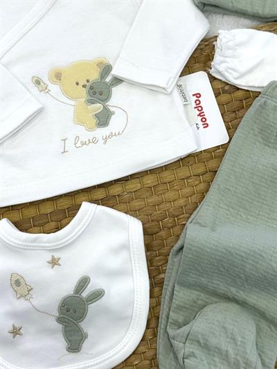Sevimli Ayıcık Tavşan Nakışlı Yenidoğan Uniseks Bebek 5li Zıbın Set