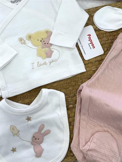 Sevimli Ayıcık Tavşan Nakışlı Yenidoğan Kız Bebek 5li Zıbın Set