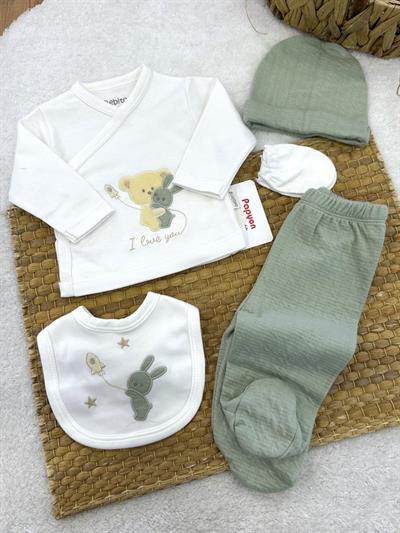 Sevimli Ayıcık Tavşan Nakışlı Yenidoğan Uniseks Bebek 5li Zıbın Set