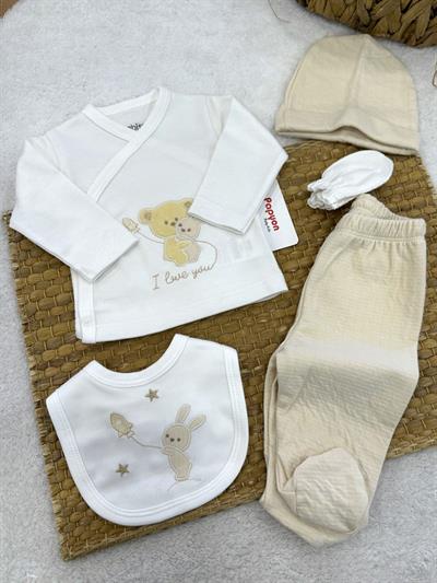 Sevimli Ayıcık Tavşan Nakışlı Yenidoğan Uniseks Bebek 5li Zıbın Set