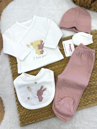 Sevimli Ayıcık Tavşan Nakışlı Yenidoğan Kız Bebek 5li Zıbın Set