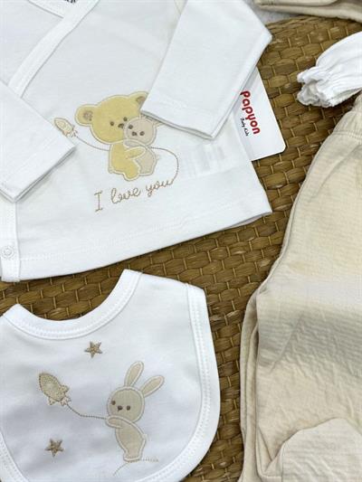 Sevimli Ayıcık Tavşan Nakışlı Yenidoğan Uniseks Bebek 5li Zıbın Set