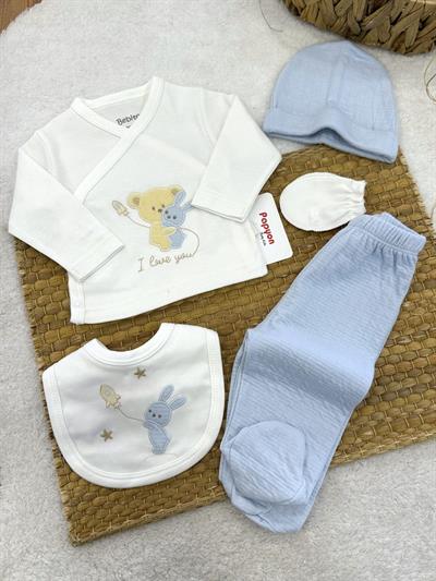 Sevimli Ayıcık Tavşan Nakışlı Yenidoğan Erkek Bebek 5li Zıbın Set