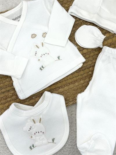 Tavşan ve Ayı Nakışlı Yenidoğan Uniseks Bebek 5li Zıbın Set