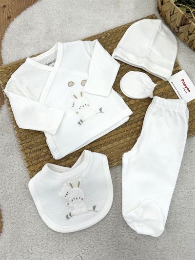 Tavşan ve Ayı Nakışlı Yenidoğan Uniseks Bebek 5li Zıbın Set