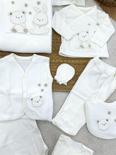 Yıldız Ayıcık Nakışlı Yenidoğan Uniseks Bebek 10lu Zıbın Set Hastane Çıkışı