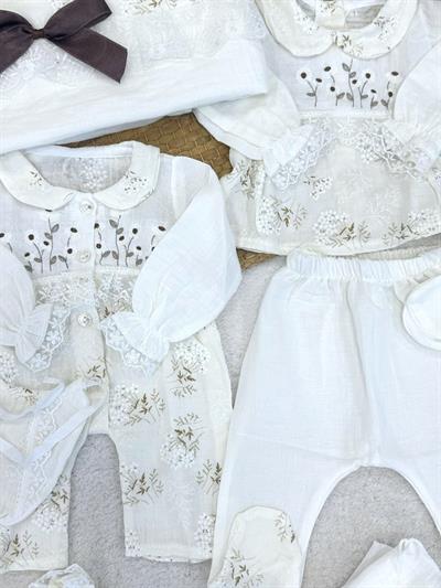 Çiçek Nakışlı Dantelli Tulumlu Yenidoğan Kız Bebek Müslin 10lu Zıbın Set Hastane Çıkışı