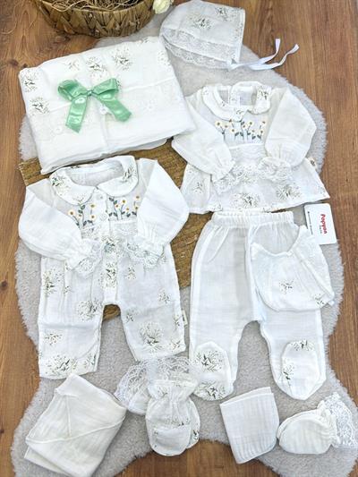 Çiçek Nakışlı Dantelli Tulumlu Yenidoğan Kız Bebek Müslin 10lu Zıbın Set Hastane Çıkışı