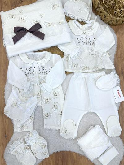 Çiçek Nakışlı Dantelli Tulumlu Yenidoğan Kız Bebek Müslin 10lu Zıbın Set Hastane Çıkışı