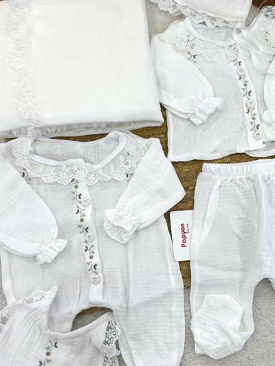 Çiçek Nakışlı Dantelli Tulumlu Yenidoğan Kız Bebek Müslin 10lu Zıbın Set Hastane Çıkışı