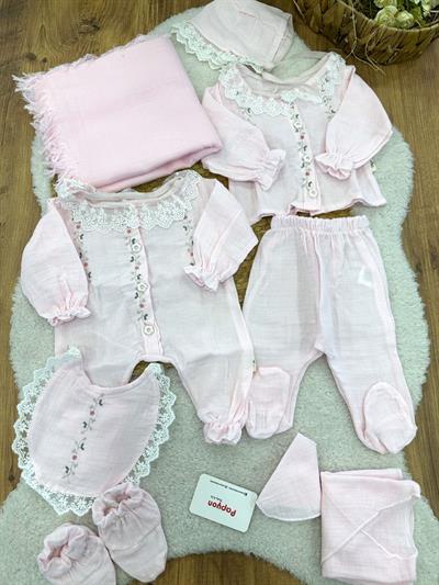 Çiçek Nakışlı Dantelli Tulumlu Yenidoğan Kız Bebek Müslin 10lu Zıbın Set Hastane Çıkışı