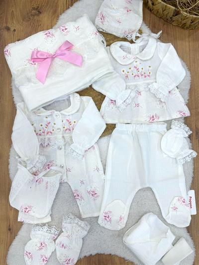 Çiçek Nakışlı Dantelli Tulumlu Yenidoğan Kız Bebek Müslin 10lu Zıbın Set Hastane Çıkışı