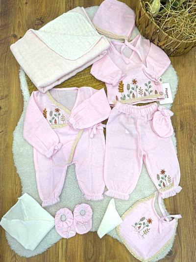 Çiçek Nakışlı Yenidoğan Kız Bebek Müslin 10lu Hastane Çıkış Seti