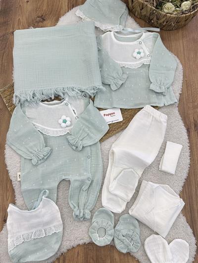 Güpürlü Çiçek Motifli Tulumlu Natural Müslin Yenidoğan Kız Bebek 10lu Zıbın Set Hastane Çıkışı