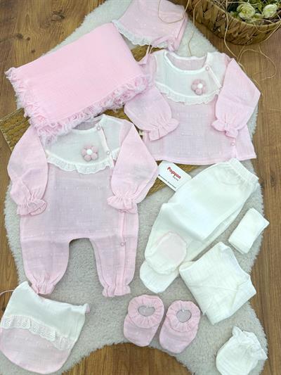 Güpürlü Çiçek Motifli Tulumlu Natural Müslin Yenidoğan Kız Bebek 10lu Zıbın Set Hastane Çıkışı