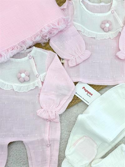 Güpürlü Çiçek Motifli Tulumlu Natural Müslin Yenidoğan Kız Bebek 10lu Zıbın Set Hastane Çıkışı