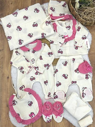 Hello Kitty Baskılı Yenidoğan Kız Bebek Müslin 10lu Hastane Çıkış Seti