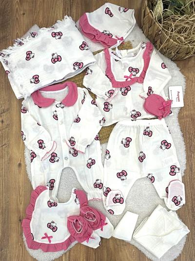 Hello Kitty Baskılı Yenidoğan Kız Bebek Müslin 10lu Hastane Çıkış Seti