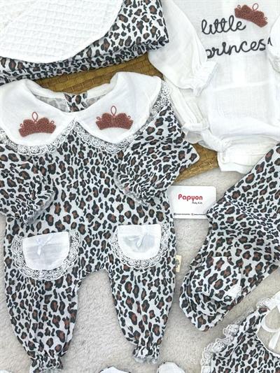 Leopar Desenli Tulumlu Müslin Yenidoğan Kız Bebek 10lu Zıbın Set Hastane Çıkışı
