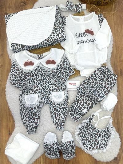 Leopar Desenli Tulumlu Müslin Yenidoğan Kız Bebek 10lu Zıbın Set Hastane Çıkışı