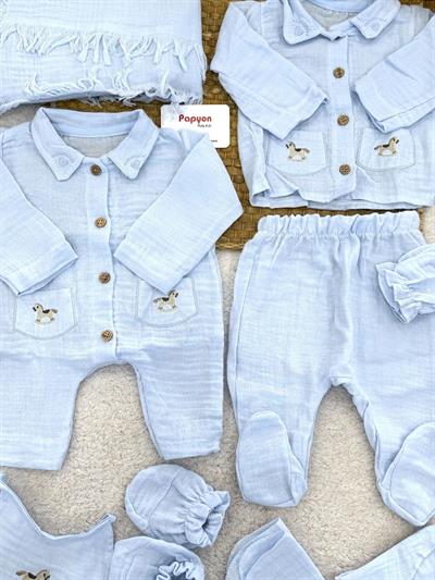 Sallanan At Nakışlı Yenidoğan Erkek Bebek Müslin 10lu Hastane Çıkış Seti