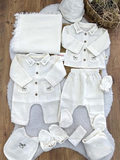 Sallanan At Nakışlı Yenidoğan Erkek Bebek Müslin 10lu Hastane Çıkış Seti