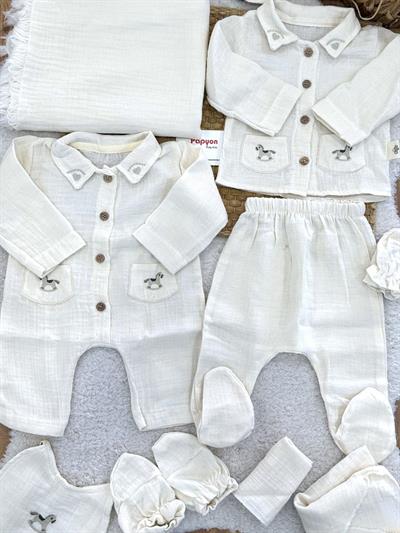 Sallanan At Nakışlı Yenidoğan Erkek Bebek Müslin 10lu Hastane Çıkış Seti