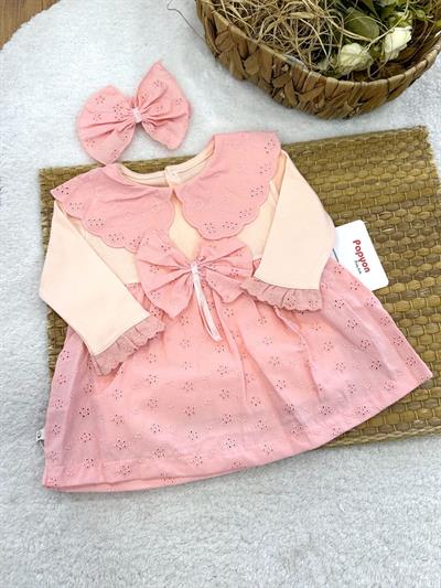Fistolu Yakalı Fiyonklu Kız Bebek Elbise (0-3/3-6/6-9/9-12 Ay)