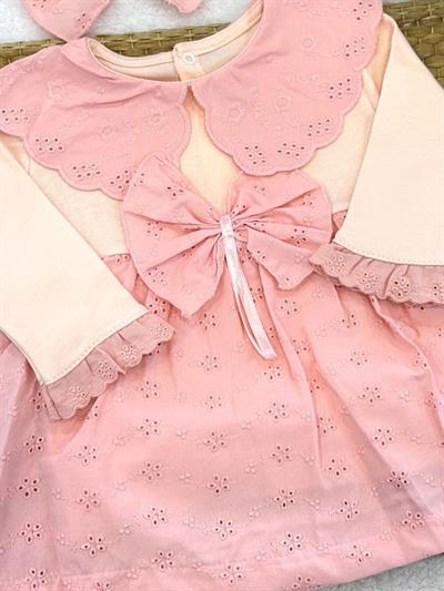 Fistolu Yakalı Fiyonklu Kız Bebek Elbise (0-3/3-6/6-9/9-12 Ay)