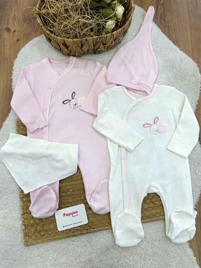 Fitilli Tavşan Baskılı Tulum Önlük Bere Kız Bebek 4lü Set 0-3 Ay