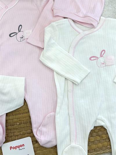 Fitilli Tavşan Baskılı Tulum Önlük Bere Kız Bebek 4lü Set 0-3 Ay