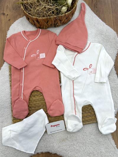 Fitilli Tavşan Baskılı Tulum Önlük Bere Kız Bebek 4lü Set 0-3 Ay
