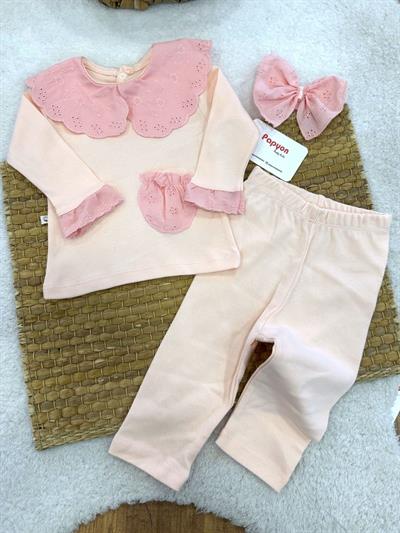 Güpürlü Yakalı Cepli Bandanalu Kız Bebek 3lü Takım (3-6/6-9/9-12 Ay)