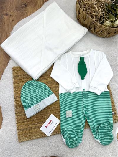 Kravatlı Tulum Bere Havlu Erkek Bebek 3lü Set 0-3 Ay