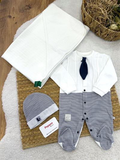Kravatlı Tulum Bere Havlu Erkek Bebek 3lü Set 0-3 Ay