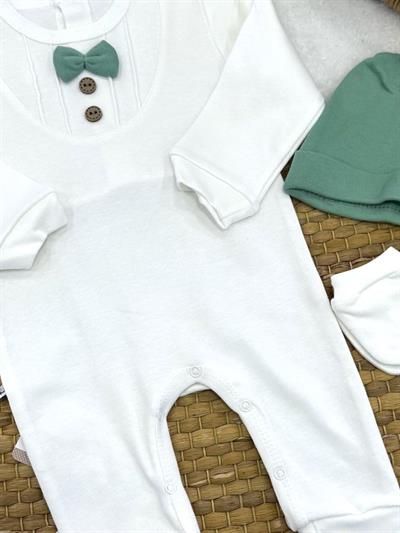 Nervürlü Papyonlu Bereli Eldivenli Erkek Bebek 3lü Tulum Set (0-3/3-6/6-9 Ay)