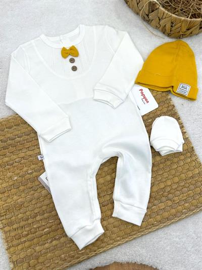 Nervürlü Papyonlu Bereli Eldivenli Erkek Bebek 3lü Tulum Set (0-3/3-6/6-9 Ay)