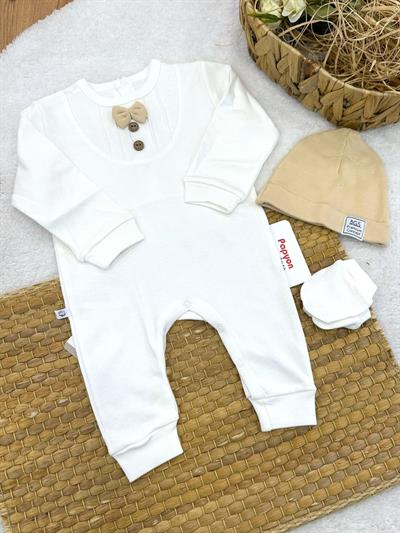 Nervürlü Papyonlu Bereli Eldivenli Erkek Bebek 3lü Tulum Set (0-3/3-6/6-9 Ay)