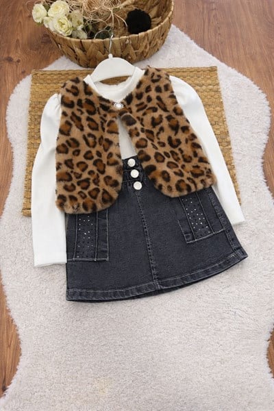 Leopar Yelekli Taş Baskılı Kot Etekli Etekli Kız Çocuk 3lü Takım (1-2/2-3/3-4/4-5 Yaş)
